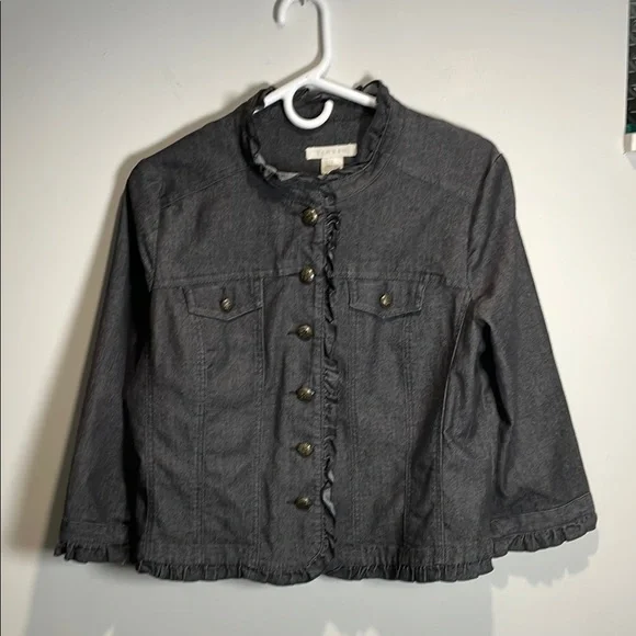 Sandro Paris Gray Denim Jacket Frayed Hem Cropped Sleeve French Designer L - Picture 2 of 8